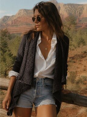 LOFT Open Front Cardigan Sweater Textured Knit Waterfall Hem Dark Charcoal Gray